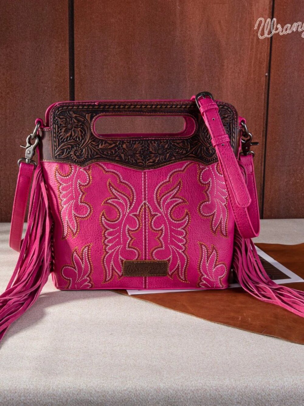 Wrangler Top Handle Embroidered Fringe Tote/Crossbody - Hot Pink